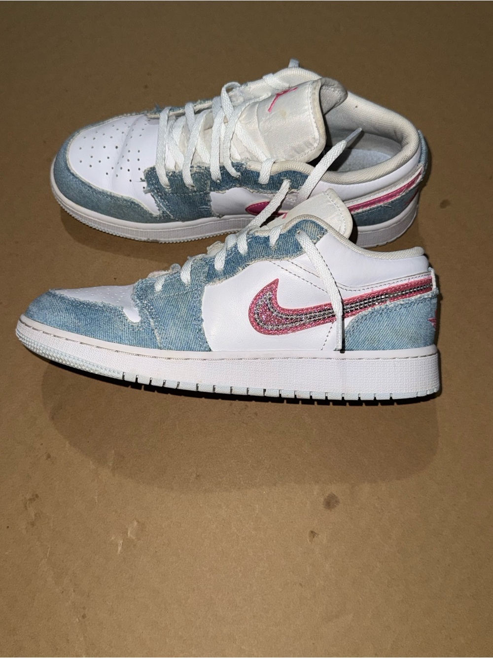 Air Jordan 1 low se pink sequins denim glow/white sneakers. 5Y